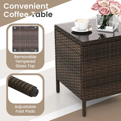 Tangkula 3 Pieces Patio Rattan Furniture Set Outdoor Conversation Set With PE Wicker Armchairs Tempered Glass Top Coffee Table 9 Tangkula 3 Pieces Patio Rattan Furniture Set Outdoor Conversation Set With PE Wicker Armchairs Tempered Glass Top Coffee Table - Image 7