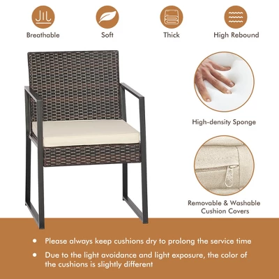 Tangkula 3PCS Patio Rattan Hand-Woven PE Wicker Bistro Set Outdoor Furniture Set W/ Table & Cushion 8 Tangkula 3PCS Patio Rattan Hand-Woven PE Wicker Bistro Set Outdoor Furniture Set W/ Table & Cushion - Image 6