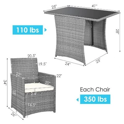 Tangkula 3PCS Patio Rattan Furniture Set Outdoor Wicker Table & Chair Set W/Cushions White/Red/Gray/Turquoise/Navy 4 Tangkula 3PCS Patio Rattan Furniture Set Outdoor Wicker Table & Chair Set W/Cushions White/Red/Gray/Turquoise/Navy - Image 2