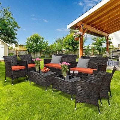 Tangkula 8PCS Patio Rattan Conversation Furniture Set Outdoor W/ Orange Cushion 3 Tangkula 8PCS Patio Rattan Conversation Furniture Set Outdoor W/ Orange Cushion