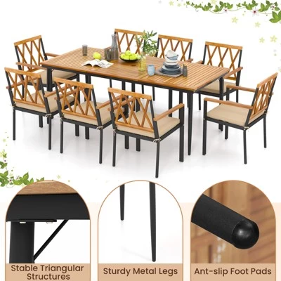 Tangkula 8-Person Outdoor Dining Table 79 Inch Acacia Wood Patio Table With Umbrella Hole Metal Legs & Adjustable Foot Pads 8 Tangkula 8-Person Outdoor Dining Table 79 Inch Acacia Wood Patio Table With Umbrella Hole Metal Legs & Adjustable Foot Pads - Image 6