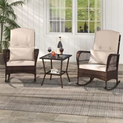 Tangkula 3 Piece Rocker Set Outdoor Wicker Rocking Chairs With Double-Layer Rattan Rocker Chair Set With Back Cushions & Pillows Beige/Gray/Blue/Red -Tangkula GUEST 2008f6ef 7480 4d18 a216 ba9d2a1b839d
