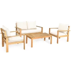 Tangkula 4PCS Patio Acacia Wood Conversation Furniture Set W/ Off White Cushions -Tangkula GUEST 200f129f 3bef 4ddb a4ab fea01fb5b58d 1