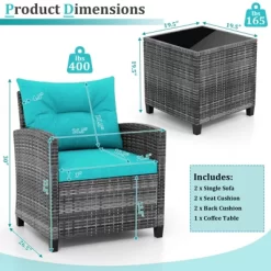 Tangkula 3 Pieces Patio Bistro Set Outdoor PE Rattan Conversation Chair Set With Tempered Glass Side Table And Removable Cushions Turquoise -Tangkula GUEST 207601c2 222d 4c66 983a d27d520c240f