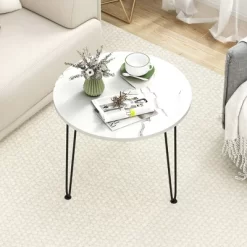 Tangkula Small Round Coffee Table W/ Thickened Tabletop & Metal Tripod Legs Faux Marble White