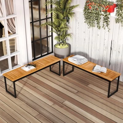 Tangkula Patio Dining Bench Set Of 2, 2-3-person Backless Bench With Slatted Seat & Metal Legs Outdoor Bench For Entryway Garden Poolside Natural 5 Tangkula Patio Dining Bench Set Of 2, 2-3-person Backless Bench With Slatted Seat & Metal Legs Outdoor Bench For Entryway Garden Poolside Natural - Image 3