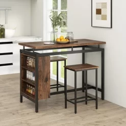 Tangkula 3-Piece Dining Table Set Bistro Table & 2 Bar Stools W/ 3-Tier Storage Shelf