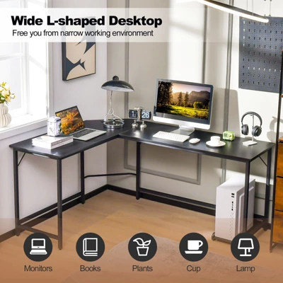 Tangkula L-Shaped Desk With Power Outlet 66” Computer Corner Desk With CPU Stand & Heavy-duty Metal Frame Rustic Brown/Black 5 Tangkula L-Shaped Desk With Power Outlet 66” Computer Corner Desk With CPU Stand & Heavy-duty Metal Frame Rustic Brown/Black - Image 3