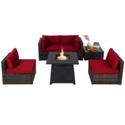 Tangkula 6-Piece Patio Furniture Set W/ 30" Propane Fire Pit Table Outdoor PE Wicker Conversation Set W/ Cushions &Tempered Glass Coffee Table -Tangkula GUEST 2115262b 3605 4ec6 b8b6 43a5da6ab091