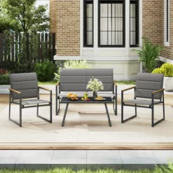 Tangkula 4 Piece Patio Furniture Set Outdoor Metal Conversation Set W/ Padded Fabric Seat