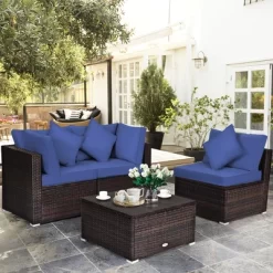 Tangkula 4PCS Rattan Patio Conversation Furniture Set Yard Outdoor W/ Navy Cushion