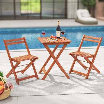 Tangkula 3 PCS Outdoor Wood Bistro Set W/ 2 Folding Chairs & Dining Table For Backyard 5 Tangkula 3 PCS Outdoor Wood Bistro Set W/ 2 Folding Chairs & Dining Table For Backyard - Image 3