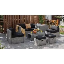 Tangkula 8 Pieces All-Weather PE Rattan Patio Furniture Set Outdoor Space-Saving Sectional Sofa Set With Storage Box