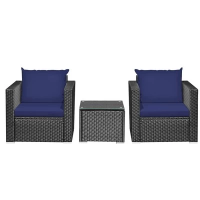 Tangkula 3PCS Rattan Patio Conversation Furniture Set Outdoor W/ Navy Cushions 12 Tangkula 3PCS Rattan Patio Conversation Furniture Set Outdoor W/ Navy Cushions - Image 10