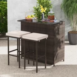 Tangkula 3 Pieces Patio Bar Set PE Wicker Outdoor Bar Table & Stools Set W/ Removable Cushions -Tangkula GUEST 22a06cb0 60b3 43fb 974d 558c227376b9