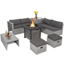 Tangkula 9 Pieces Outdoor Patio Furniture Set W/ 32" Propane Fire Pit Table Sectional Sofa Set W/ Storage Box Black/Gray/Navy/Red/Turquoise/Off White -Tangkula GUEST 23db75c8 aa70 4e24 9af2 b1881e5f0630