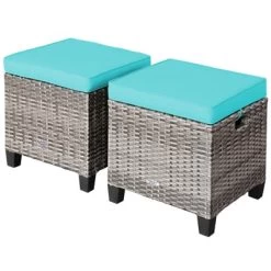 Tangkula Set Of 2 Outdoor Rattan Cushioned Ottoman Seat All Weather Patio Footrest Red/Turquoise -Tangkula GUEST 24356d45 2c16 45e1 8348 ae2b15c20888