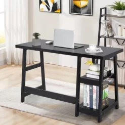 Tangkula Trestle Computer Desk Indoor Office Workstation For Home Office With 2-Tier Storage Shelves