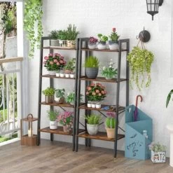 Tangkula 4-Tier Ladder Bookshelf Industrial Wooden Bookcase With Metal Frame Anti-Toppling Device Rack Rustic Brown/Gray Oak -Tangkula GUEST 2451e623 a0da 41ce a0b9 9f5f2ef10c0d