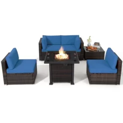 Tangkula 6 Piece Patio Wicker Conversation Set, Outdoor Rattan Sofa Set W/ 32" Propane Fire Pit Table, 50,000 BTU Heat, Tempered Glass Tabletop Black/Navy Blue/Red/Turquoise/Off White -Tangkula GUEST 245ba2c3 4f6f 49f9 9259 cbd885f7a4c4