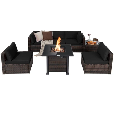 Tangkula Patio Rattan 7PCS Cushioned Chair Set Furniture Set Thick Cushion W/ 50,000 BTU Propane Fire Pit Table For Garden Black/Navy/Red/Turquoise/Off White 10 Tangkula Patio Rattan 7PCS Cushioned Chair Set Furniture Set Thick Cushion W/ 50,000 BTU Propane Fire Pit Table For Garden Black/Navy/Red/Turquoise/Off White - Image 8