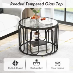 Tangkula 2-Tier 24" Round Coffee Table W/ Oval Swivel Brackets & Reeded Tempered Glass -Tangkula GUEST 261a44d8 8db2 45b8 ba8a a600dc8d1d32