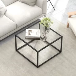 Tangkula Glass Coffee Table 27.5 Inch Modern Square Metal Frame Living Room Transparent