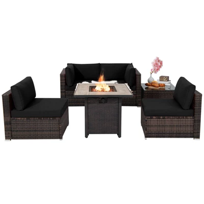 Tangkula 6 PCS Patio Wicker Furniture Set With 30" Gas Fire Pit Table 50,000 BTU Black/Red/Turquoise/Navy/White Cushions 11 Tangkula 6 PCS Patio Wicker Furniture Set With 30" Gas Fire Pit Table 50,000 BTU Black/Red/Turquoise/Navy/White Cushions - Image 9