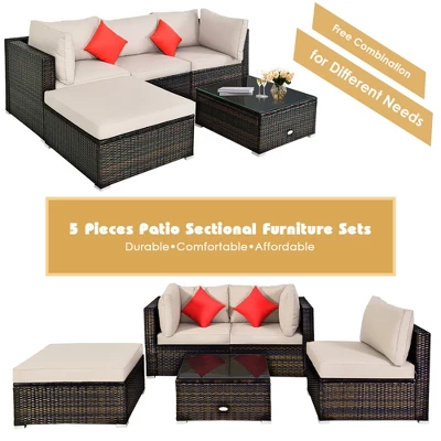 Tangkula 5PCS Rattan Sectional Sofa Set Patio Furniture Set W/ Beige Cushion Pillow 6 Tangkula 5PCS Rattan Sectional Sofa Set Patio Furniture Set W/ Beige Cushion Pillow - Image 4