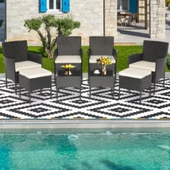 Tangkula 8PCS Outdoor Conversation Furniture Set Patio PE Rattan Sofa Set W/ Tables & Ottoman