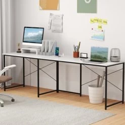Tangkula L-Shaped Computer Desk With Power Outlets 95” Long 2-Person Desk With Monitor Shelf Modern Corner Desk Gaming Table With USB Ports White
