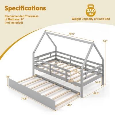 Tangkula Twin Size House Bed W/ Trundle Wooden Kids Bed W/ Safety Rails & Decorable Roof 10 Tangkula Twin Size House Bed W/ Trundle Wooden Kids Bed W/ Safety Rails & Decorable Roof - Image 8