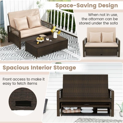 Tangkula Patio Rattan Daybed Wicker Loveseat Sofa W/ Multifunctional Ottoman 7 Tangkula Patio Rattan Daybed Wicker Loveseat Sofa W/ Multifunctional Ottoman - Image 5