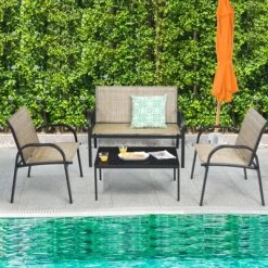 Tangkula 4PCS Metal Coversation Set With Black Coffee Tbale Brown