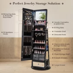 Tangkula 360° Swivel Jewelry Cabinet W/ Mirror Jewelry Storage Organizer Built-in Lights Black -Tangkula GUEST 28f2354d 8c87 4eba 9508 f4449d83e249