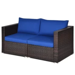 Tangkula 2PCS Rattan Corner Sofa Set Patio Outdoor Furniture Set W/ 4 Navy Cushions