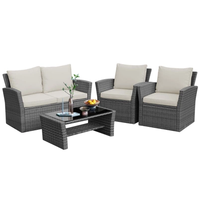 Tangkula 4-Piece Rattan Wicker Patio Outdoor Furniture Sofa Set With Cushions & Tempered Glass Table 14 Tangkula 4-Piece Rattan Wicker Patio Outdoor Furniture Sofa Set With Cushions & Tempered Glass Table - Image 12