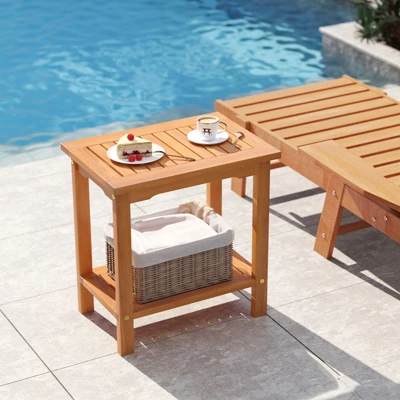 Tangkula Outdoor Acacia Wood Side Table 2-Tier Patio End Table W/ Slatted Tabletop 3 Tangkula Outdoor Acacia Wood Side Table 2-Tier Patio End Table W/ Slatted Tabletop