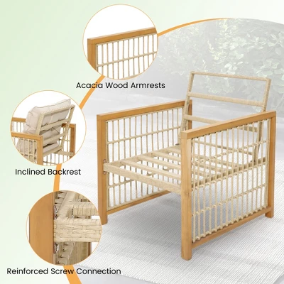 Tangkula 3PCS Patio Acacia Wood PE Wicker Furniture Set W/ Soft Seat & Back Cushions 9 Tangkula 3PCS Patio Acacia Wood PE Wicker Furniture Set W/ Soft Seat & Back Cushions - Image 7