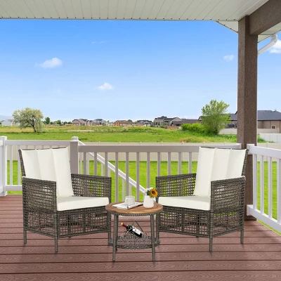 Tangkula 3PCS Patio Wicker Bistro Set Furniture Set PE Rattan Table Set W/ Off White Cushions 3 Tangkula 3PCS Patio Wicker Bistro Set Furniture Set PE Rattan Table Set W/ Off White Cushions