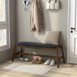 Tangkula 1pc/2pcs Solid Wood Dining Bench 50" Upholstered Entryway Bench W/ Padded Seat & Rubber Wood Frame Rectangular Ottoman Bench