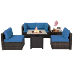 Tangkula 6 PCS Patio Wicker Furniture Set With 30" Gas Fire Pit Table 50,000 BTU Black/Red/Turquoise/Navy/White Cushions 24 Tangkula 6 PCS Patio Wicker Furniture Set With 30" Gas Fire Pit Table 50,000 BTU Black/Red/Turquoise/Navy/White Cushions -Tangkula GUEST 2c27aecc f3df 4b4d b87e cbee857d5d76
