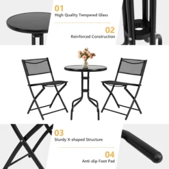 Tangkula 3-Piece Patio Bistro Dining Furniture Set, Outdoor Patio Conversation Set With Round Black Tempered Glass Tabletop And 2 Folding Chairs -Tangkula GUEST 2c857e77 0a69 4275 8349 2f9d1893499a
