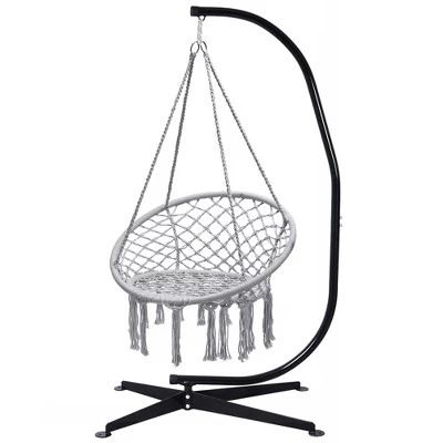Tangkula Hammock Chair Hanging Cotton Rope Macrame Swing Chair W/ Stand Gray 12 Tangkula Hammock Chair Hanging Cotton Rope Macrame Swing Chair W/ Stand Gray - Image 10