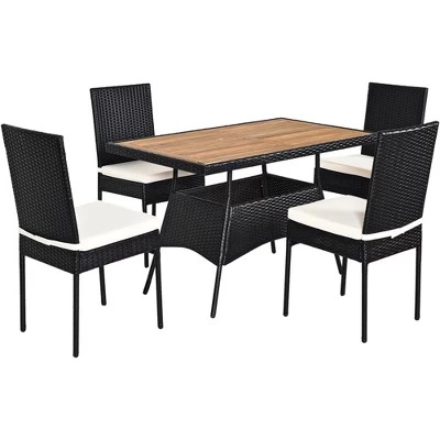 Tangkula 5PCS Outdoor Rattan Wicker Dining Set Acacia Wood Table & 4 Chairs With Cushions 5 Tangkula 5PCS Outdoor Rattan Wicker Dining Set Acacia Wood Table & 4 Chairs With Cushions - Image 3