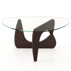 Tangkula Triangle Coffee Table W/ Tempered Glass Top & Adjustable Rubber Wood Base -Tangkula GUEST 2e8503fe 0e52 4861 a78d b4d9e04eb190