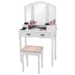 Tangkula Tri Folding Vanity Mirror Makeup Table Set W/4 Drawers & Stool White 13 Tangkula Tri Folding Vanity Mirror Makeup Table Set W/4 Drawers & Stool White -Tangkula GUEST 2ebae3dc 24dd 4b74 86da 788ca9b1a02c