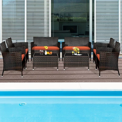 Tangkula 8PCS Patio Rattan Conversation Furniture Set Outdoor W/ Orange Cushion 4 Tangkula 8PCS Patio Rattan Conversation Furniture Set Outdoor W/ Orange Cushion - Image 2