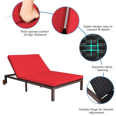 Tangkula Adjustable Patio Rattan 2 Person Recliner Lounge Chair W/ Red Cushion Wheel 11 Tangkula Adjustable Patio Rattan 2 Person Recliner Lounge Chair W/ Red Cushion Wheel - Image 9