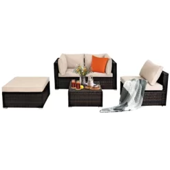 Tangkula 5-Piece Outdoor Patio Sectional Rattan Wicker Conversation Sofa Set With Turquoise/Yellowish Cushions -Tangkula GUEST 2fa42043 5a4b 471a bc9f 5a71896fa9b0